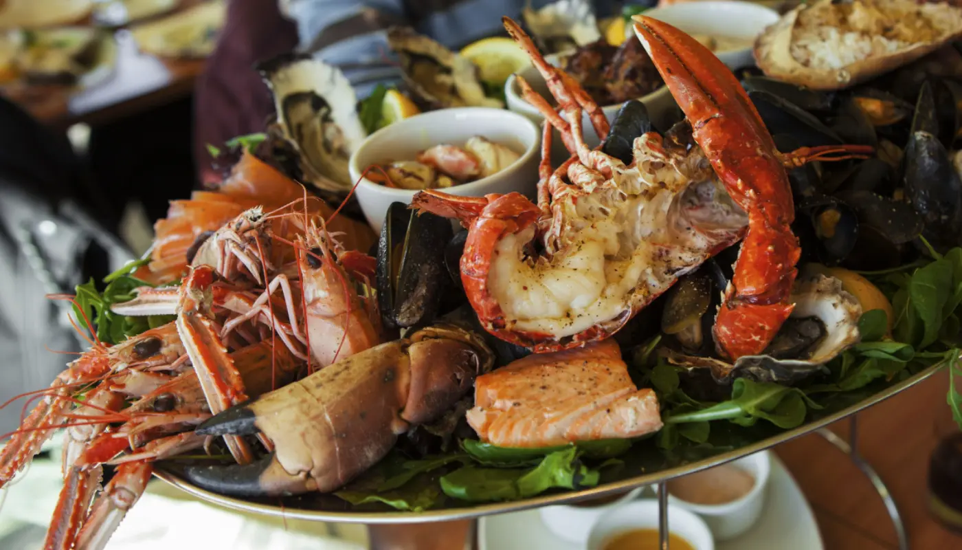 A seafood platter with lobster, clams, crabs for Christmas