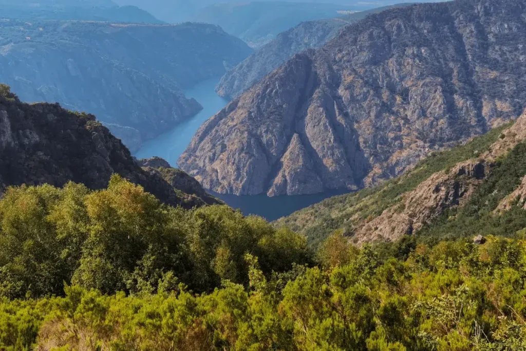 Landscape of the Rías Baixas in Galicia, Spain, with mountains rolling down to the river in the background.