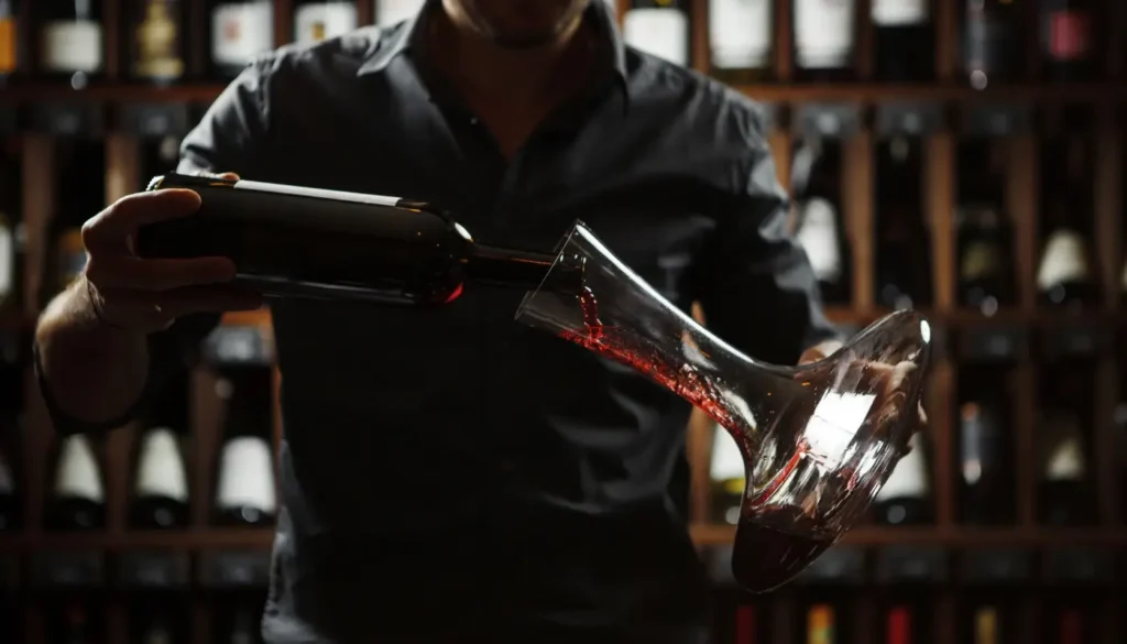 Bottle of red wine being poured in a decanter