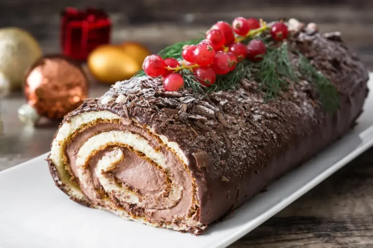 A chocolate Yule Log on a plate on a table with Christmas decorations