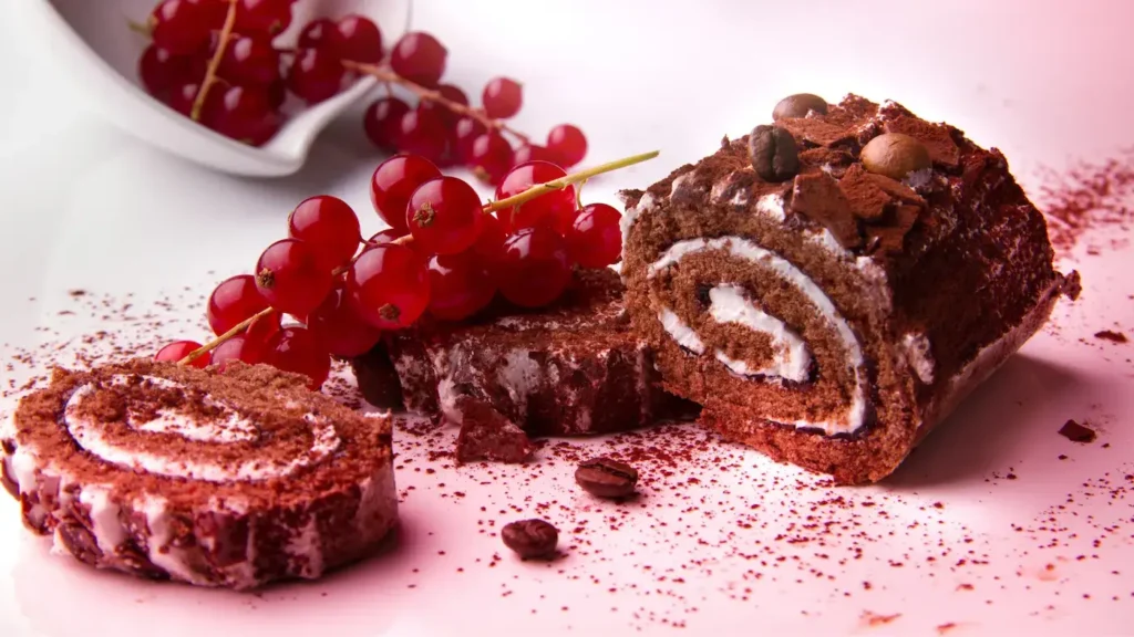 A chocolate Christmas log cut in slices and decorated with red currants