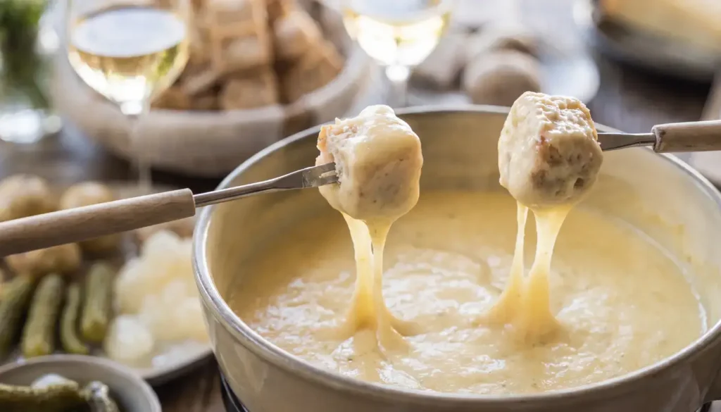 A pot of cheese fondue with bread and a glass of white wine