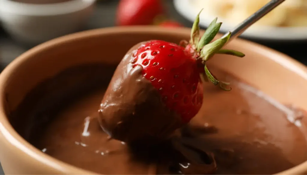 A zoomed-in picture of a strawberry on a skewer, being dipped in a pot of melted chocolate during a chocolate fondue.