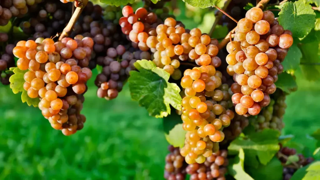 Close up of several grape bunches of Pinot Grigio in the sun.