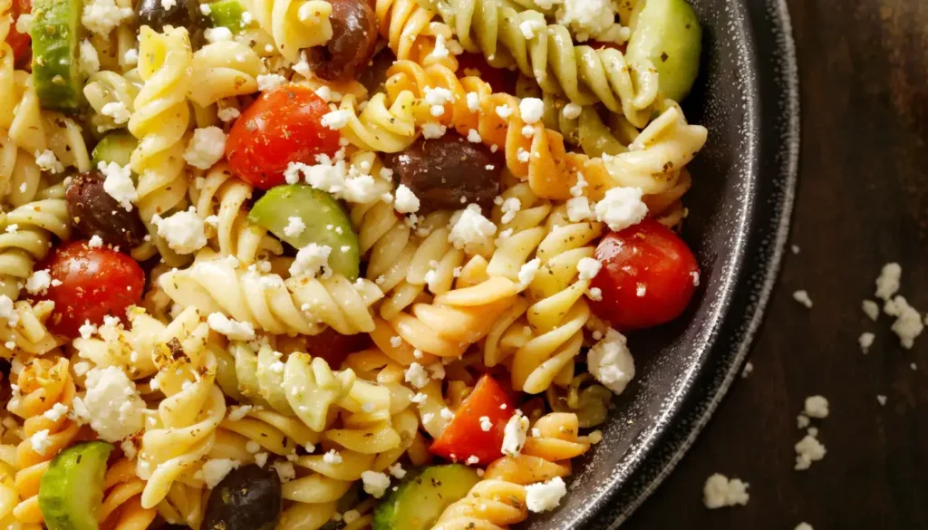 A pasta salad in a bowl with pastas, cherry tomatoes, olives, cucumbers and feta cheese