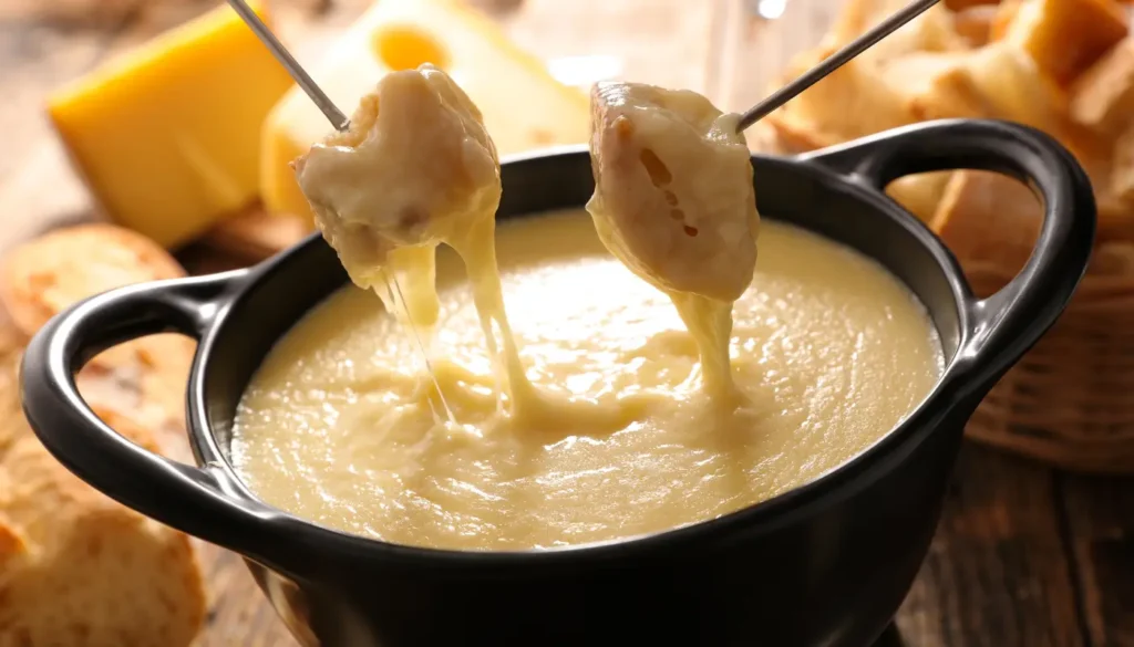 A cheese fondue with pieces of bread being dipped in it.