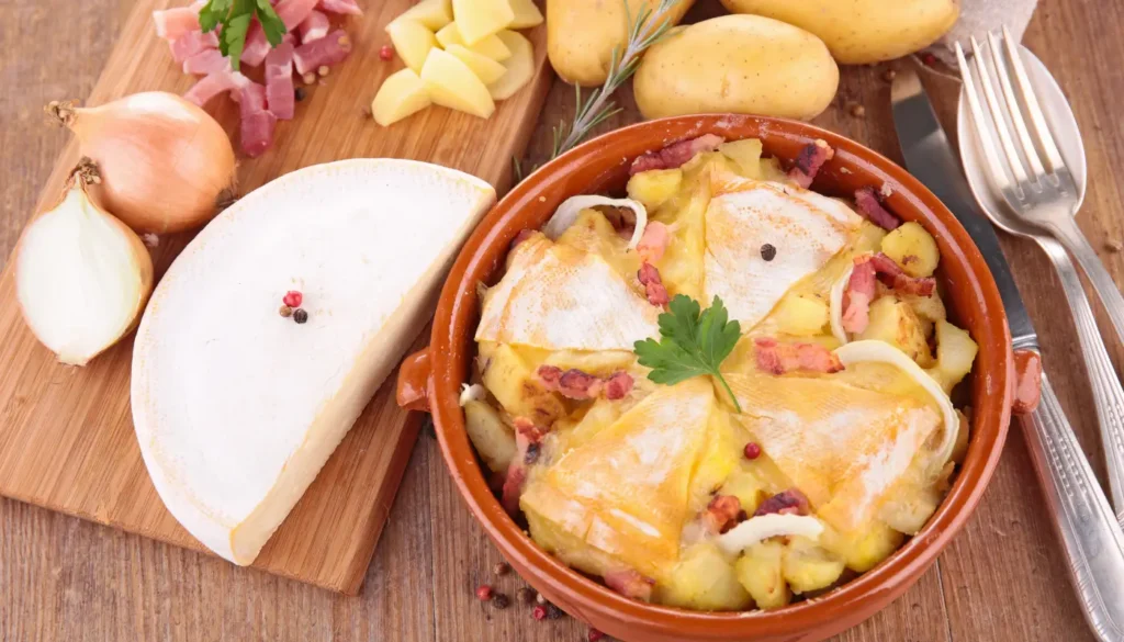 A tartiflette - a typical winter, alpine dish, made of potatoes, lardons, onions and reblochon.