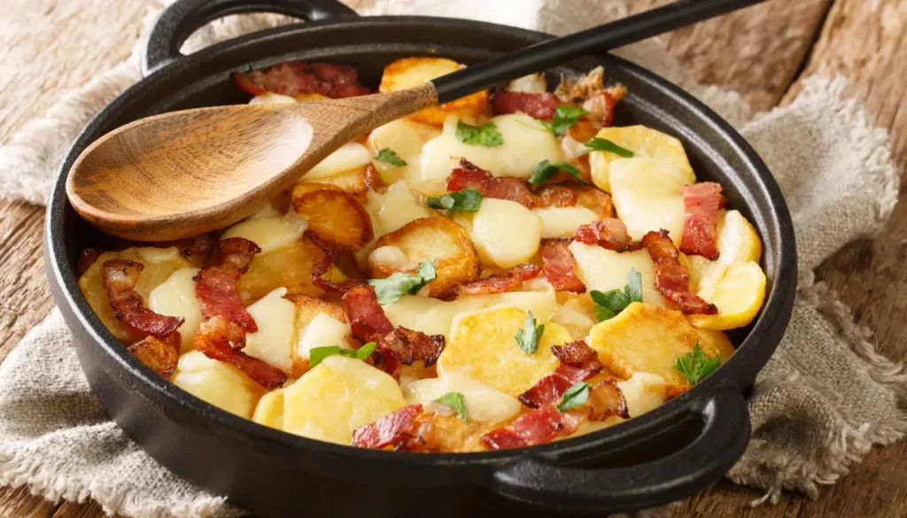 A truffade - typical dish from Auvergne and Cantal made of potatoes, fresh Tome cheese and lard.