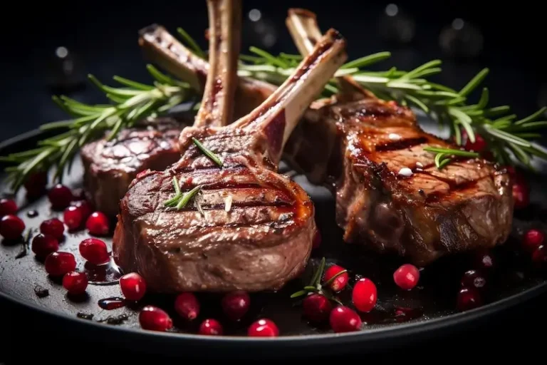 Lamb chops in a plate, decorated with rosemary and some red berries