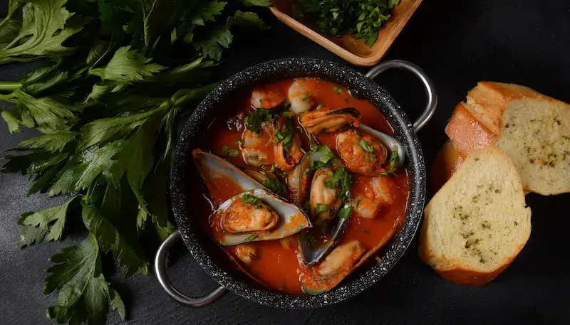 Bouillabaisse, a dish from Southern France, mixing several types of fishes in a soup-like dish