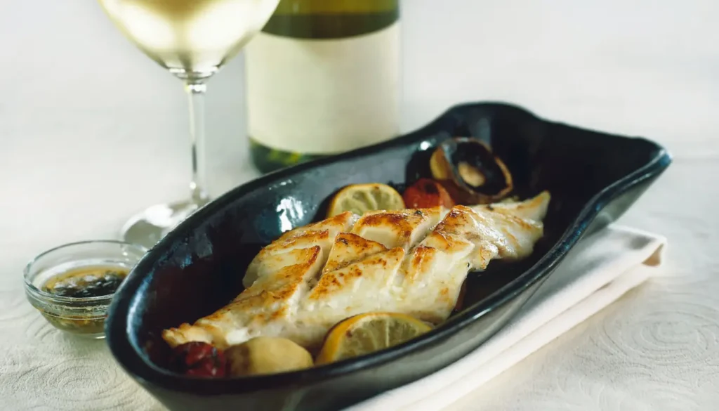 White fish like cod in a plate, on a table, with a white wine glass and bottle next to it