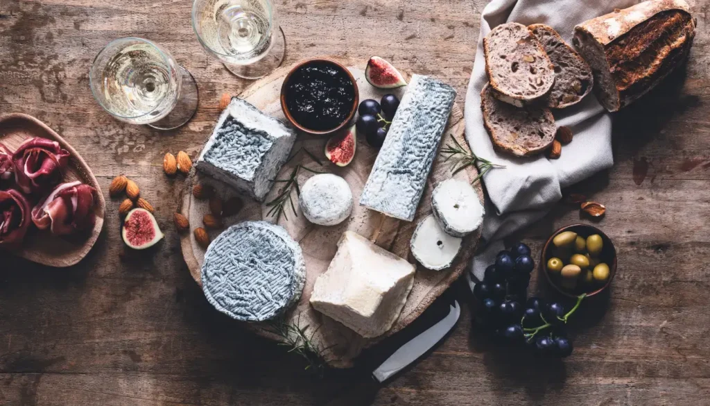 A table with a cheese board full of different types of goat's cheese, bread, figs, olives