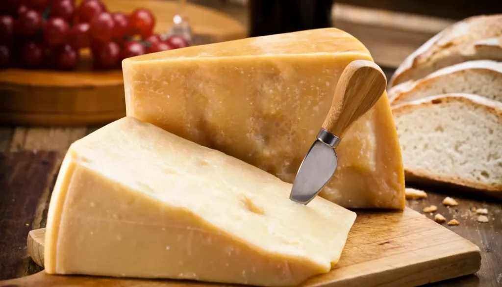 A board with hard cheese such as Parmiggiano Reggiano
