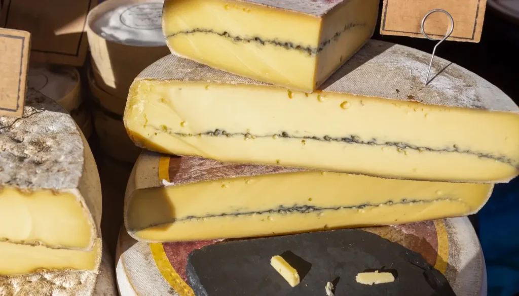 Several wheels of Morbier cheese on a table