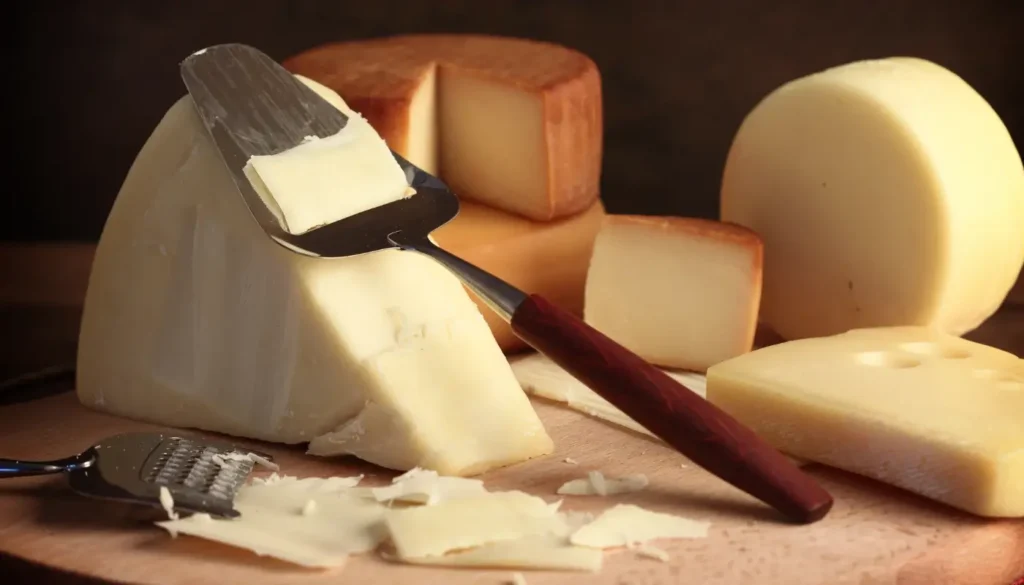 A board with four different semi-hard cheeses such as Emmental, Gruyere, etc.
