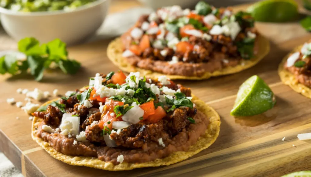Toastadas with beans and beef, and veggies on top