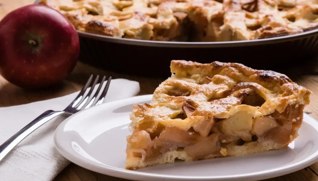 An apple pie slice on a plate, with the whole pie and an apple in the background