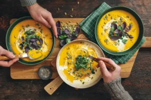 Three bowls of pumpkin soups on a table