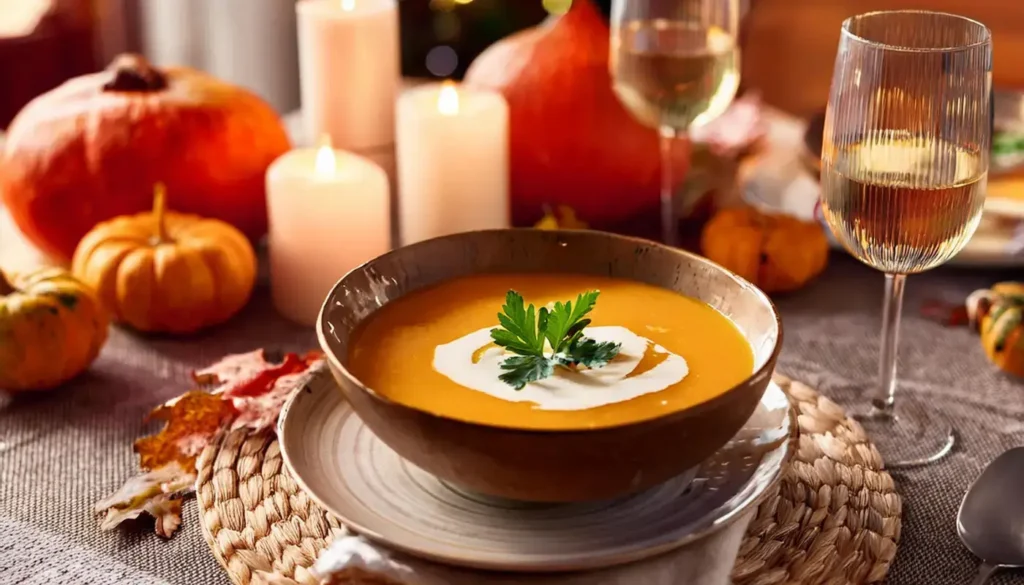 A bowl of pumpkin soup with a glass of white wine
