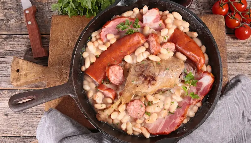 Cassoulet with duck leg confit, Toulouse sausages, beans and lard