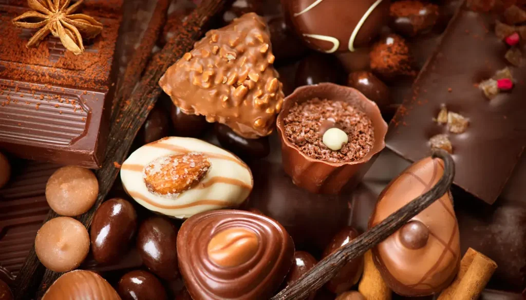 A mix of chocolate pieces with nuts, vanilla, spices, fruits