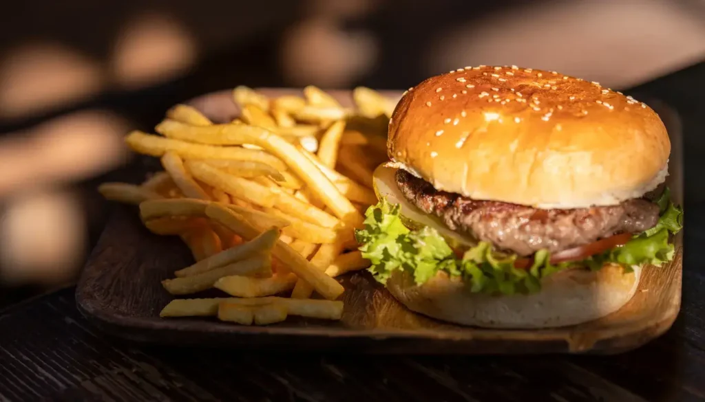 A beef burger with fries