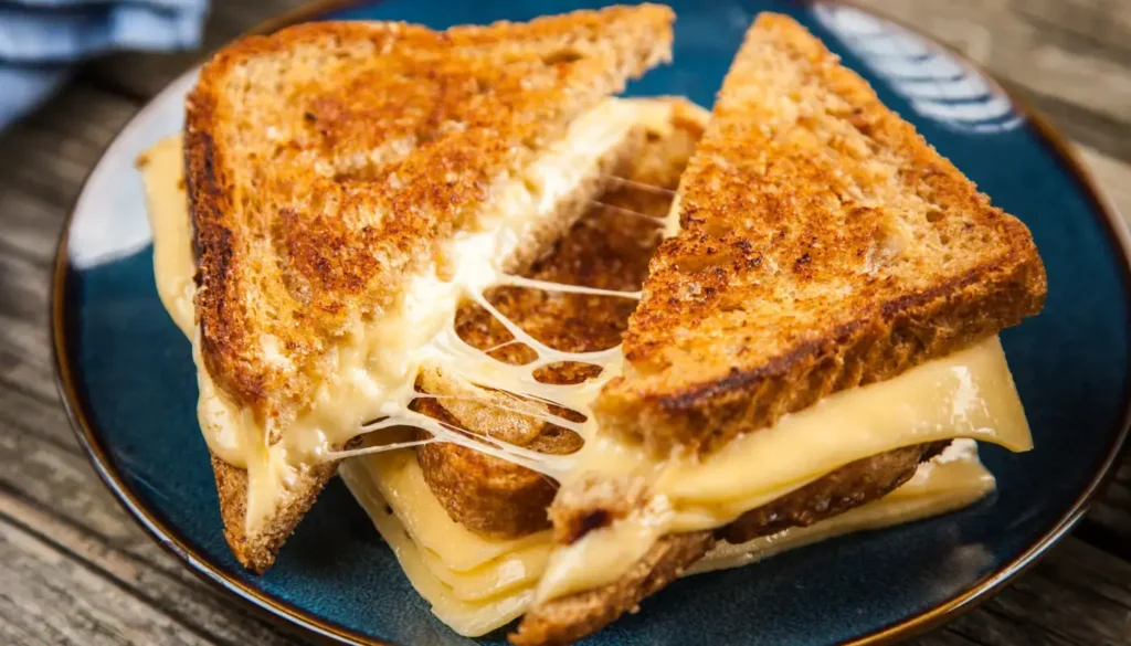 A grilled cheese cut in half with gooey cheese coming out