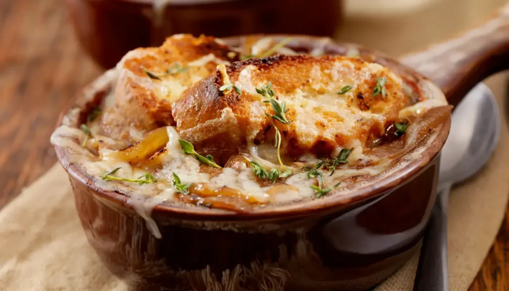 French onion soup with grated cheese and bread