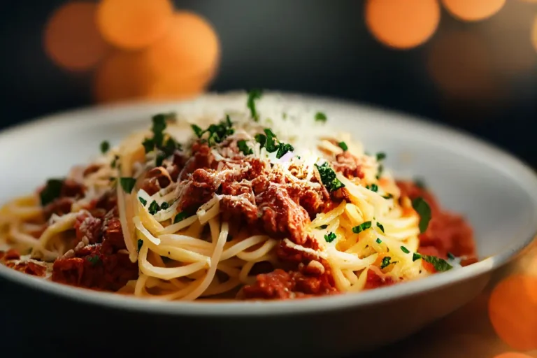 A plate with bolognese pasta - meat, tomato sauce, spaghetti