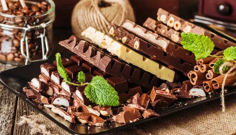 A mix of chocolate from dark, milk and white chocolate, with and without nuts, fruits and other stuffing