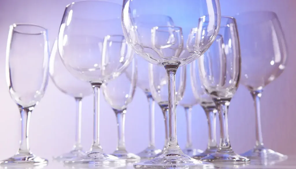 Different types of wine glasses lined up on a table