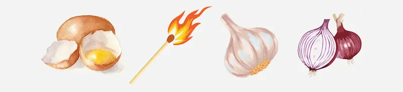 Icons representing the aromas and flavours of reduction wine fault