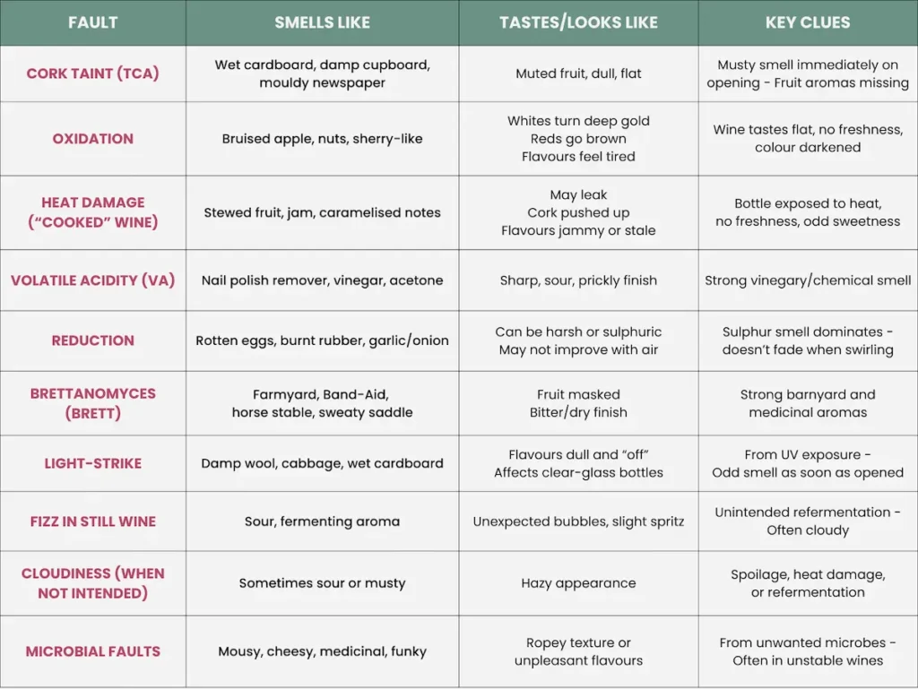 Wine Faults Recap Table
