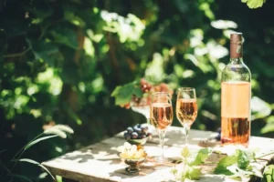 A bottle of rosé wine and two wine glasses, on a table in a garden