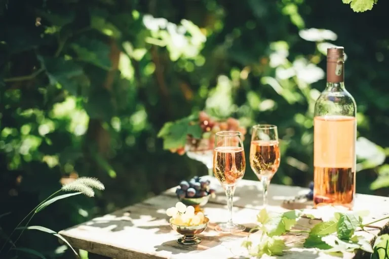 A bottle of rosé wine and two wine glasses, on a table in a garden