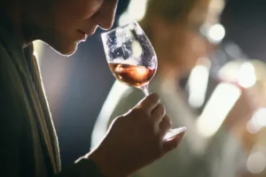 Someone tasting and smelling wine