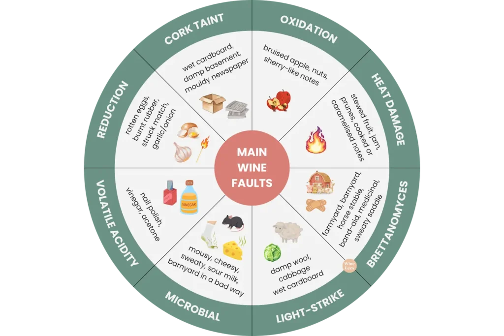 A wheel infographic detailing the main wine faults with what they smell like or how to spot them and some icons representing the faults