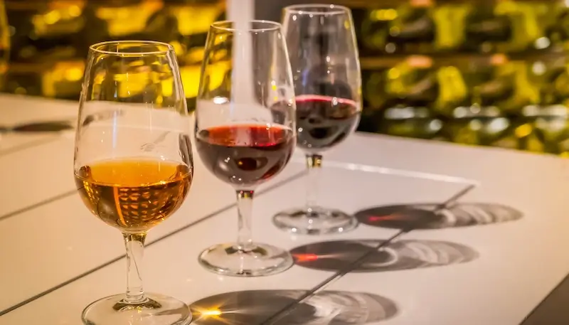 Line-up of fortified glasses for a tasting