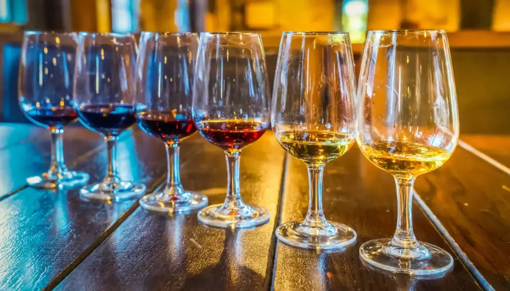 Glasses of White Port, Ruby Port, Tawny Port, showing the differences in colour