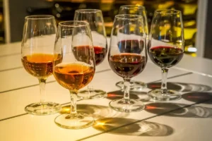 Glasses of White, Ruby and Tawny Port on a table