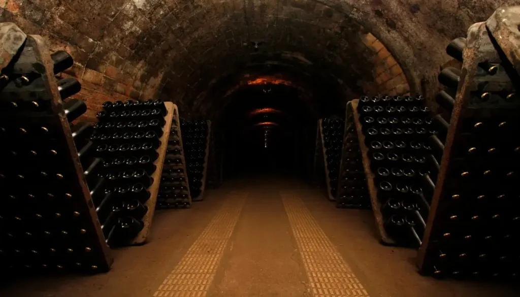 Bottles of Champagne resting in a chalk cellar