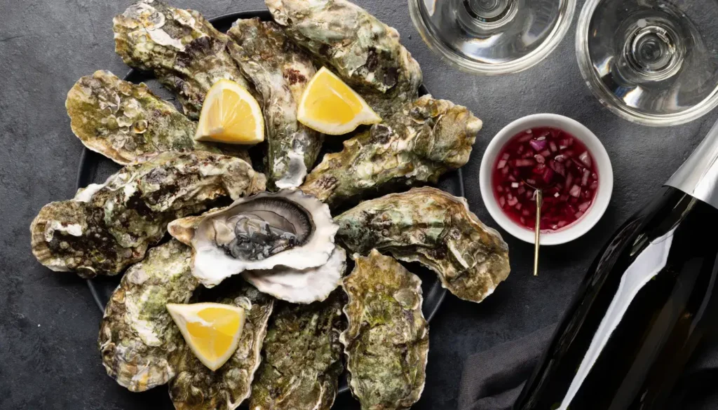 Two glasses of sparkling wine with oysters