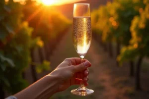 A glass of sparkling wine in front of an English vineyard