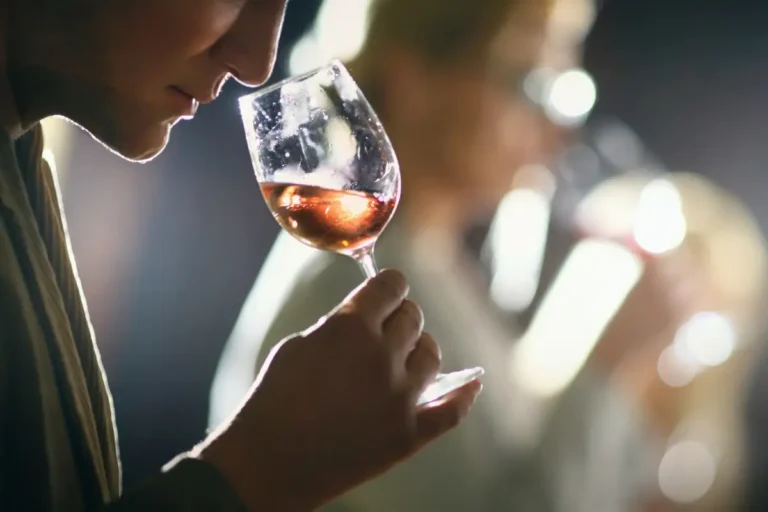 Someone tasting and smelling wine