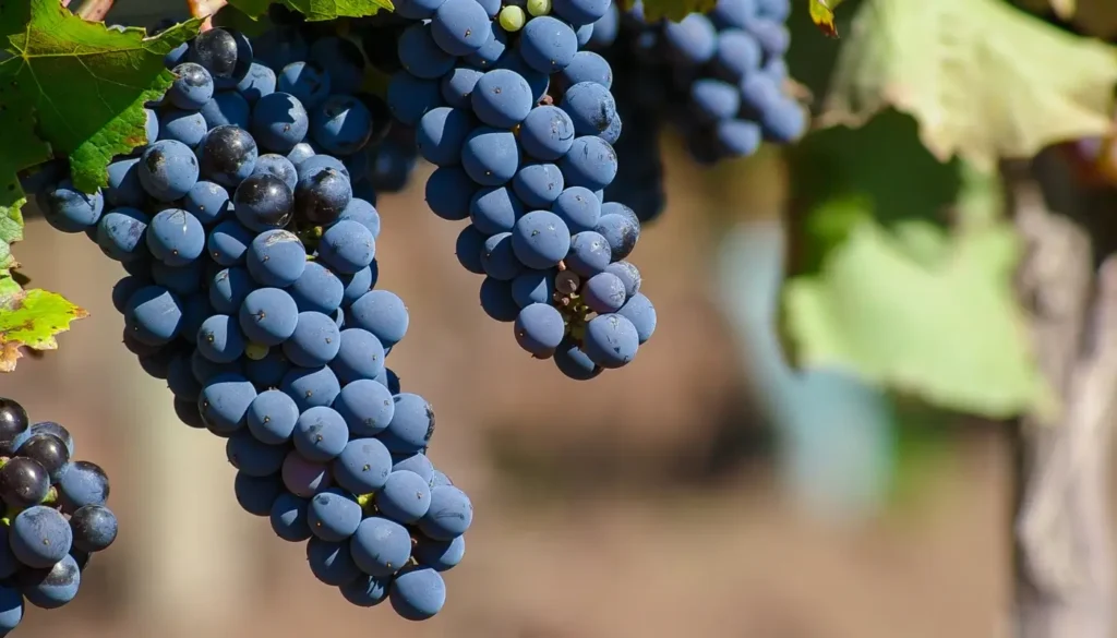 Bunches of dark Malbec grapes on the vine