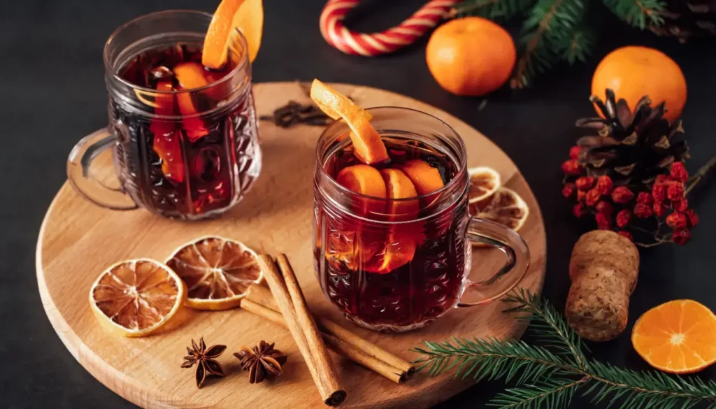 Mulled wine with cinnamon sticks, star anise, cloves and orange slices