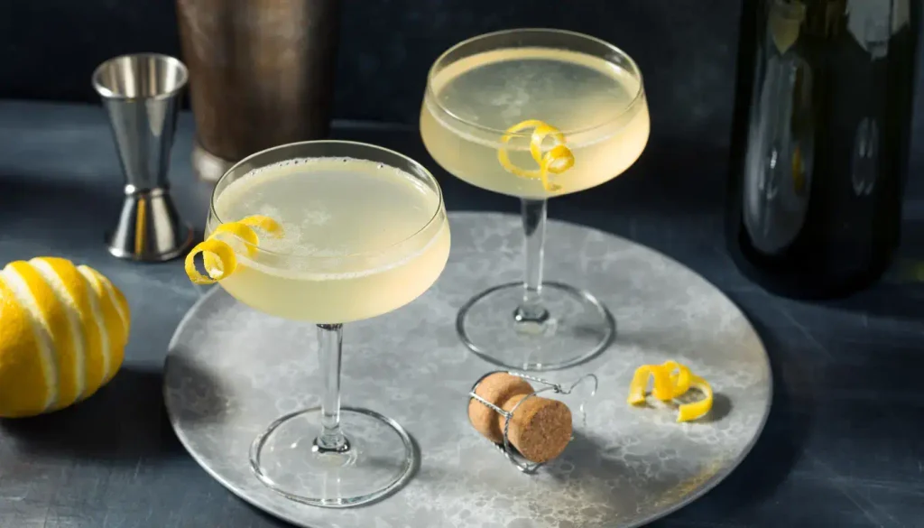 Glasses of French 75 cocktails made with Champagne