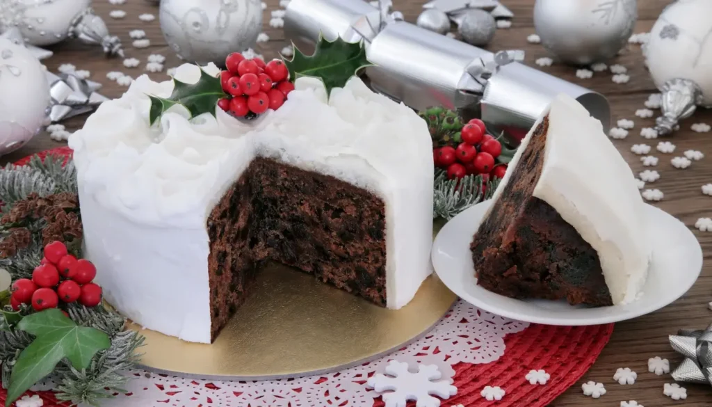 A Christmas cake sliced with a slice on a plate