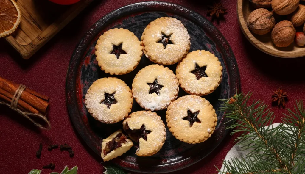 Mince pies on a plate with spices around
