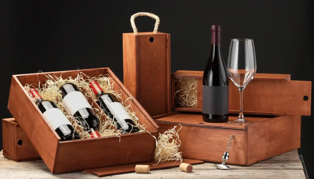 Bottles of wine in wooden gift boxes